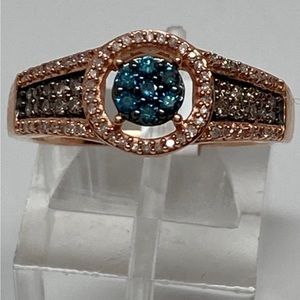 10K Rose Gold Pave Set Blue Champagne and White Diamond Cluster Ring 0.35ct New